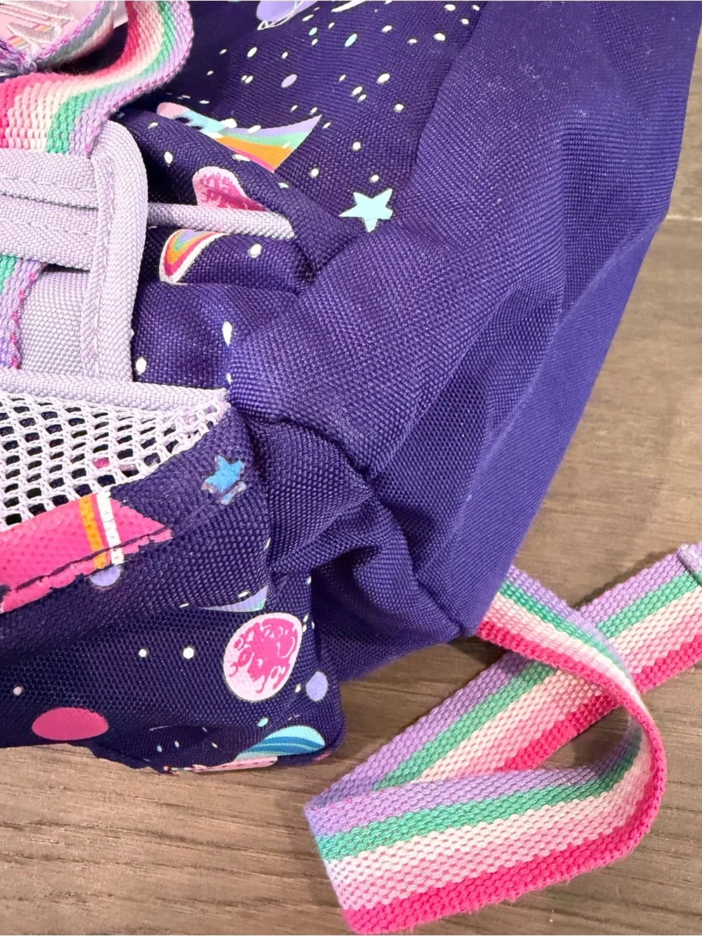“Emily” SMALL PBK backpack, 15”, purple rainbow heart galaxy. USED